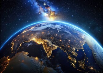 Stunning Night Earth: Space View, High-Resolution, City Lights, Deep Space, Planet Earth, Night Photography, Global Illumination, Celestial Sphere, Dark Universe, Galaxy Background