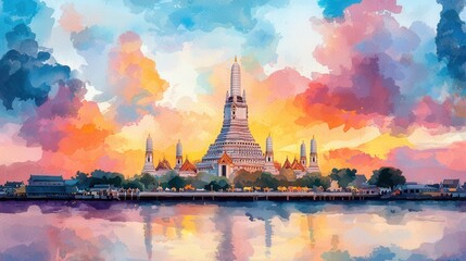 Monument cultural and iconic, A vibrant watercolor depiction of a temple by the water, bathed in colorful sunset hues, showcasing intricate architecture and serene reflections.
