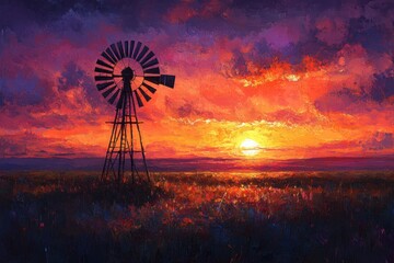 Vibrant Sunset Landscape with Windmill Shed Gumtrees Dramatic Clouds in Australian Outback