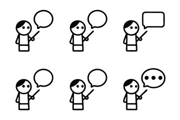 Set of speech bubble icons featuring characters presenting various messages and ideas in minimalistic line art icon set