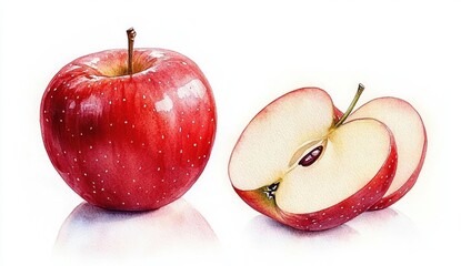 Realistic Watercolor Red Apple Juicy Fresh Fruit Slice Set Hand-Painted Botanical Illustration