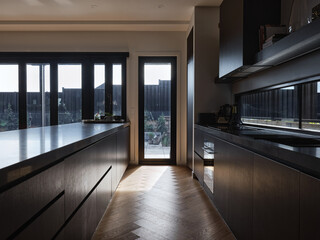 Sunlight streams into a modern kitchen with minimalist design
