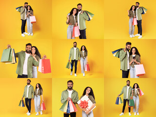 A cheerful couple enjoys their shopping spree, showcasing colorful bags and smiles. This collage highlights their excitement during a bustling sale event amid a bright yellow backdrop.
