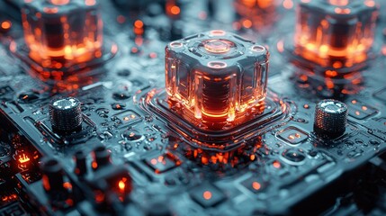 Illuminated Cube On Futuristic Circuit Board