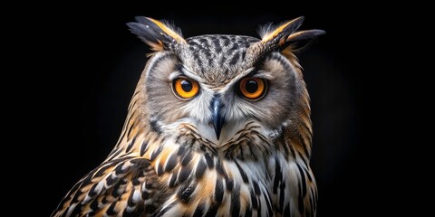 Fototapeta premium Stunning Tilt-Shift Photography of Isolated Eagle Owl on Black Background with White Highlights for Generative AI Art