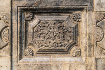 Shamwari, Srinagar, Jammu and Kashmir, India. Decorative stonework on the Khanqah-e-Moula mosque.