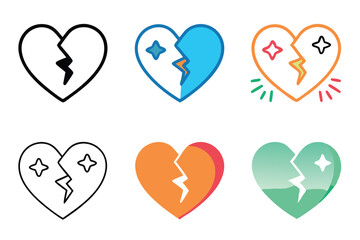 Set of sad and broken heart icons featuring frowning faces, cracks, and vibrant accents in abstract and creative line art design