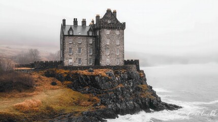 Monument cultural and iconic, A stone castle stands on a rocky cliff by the sea, surrounded by mist and nature, exuding a mysterious and historic atmosphere.
