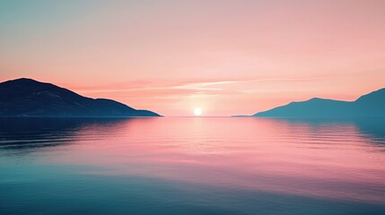 Fototapeta premium Serene sunset casts vibrant hues over calm ocean reflecting peaceful mountains at twilight