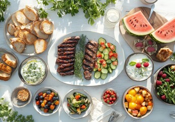 Delicious Summer Feast with Grilled Steak, Fresh Vegetables, and Assorted Fruits on a White Wooden Table for Outdoor Dining Experience