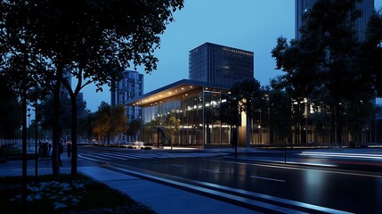 Fototapeta premium Night Cityscape: Modern Architecture and Tranquil Streets