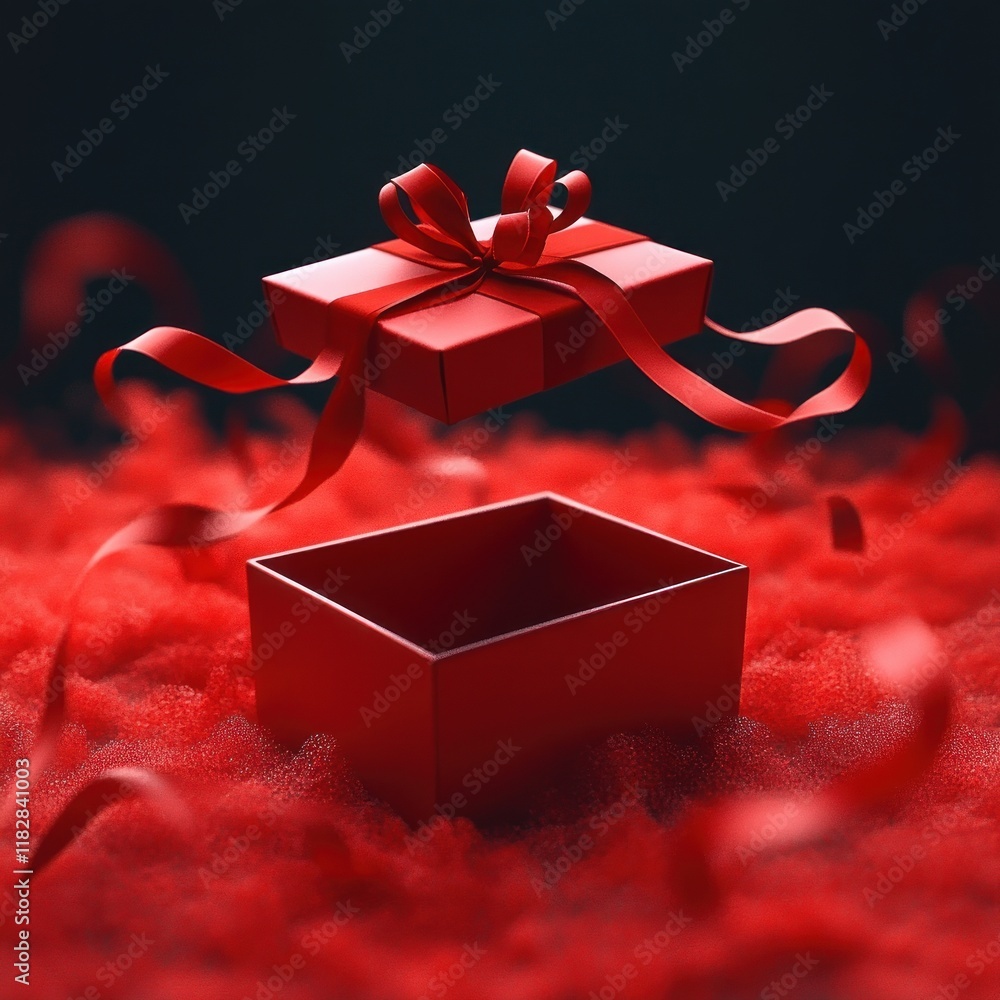 Poster floating red gift box mockup with elegant ribbons illuminated by ambient light and shadows above par