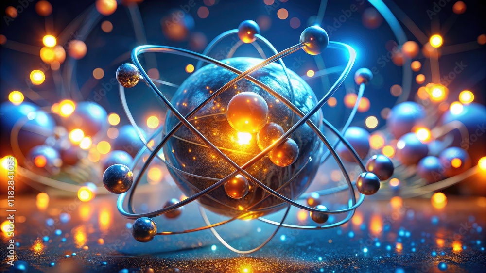 Aufkleber surreal abstract atom with glowing led light in blue and orange background â€“ 3d rendered visuals f