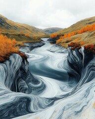 Stunning Abstract Landscape with River Flowing Through Mountains and Fall Foliage - Mesmerizing Swirls and Colorful Autumn Scene in Nature Photography
