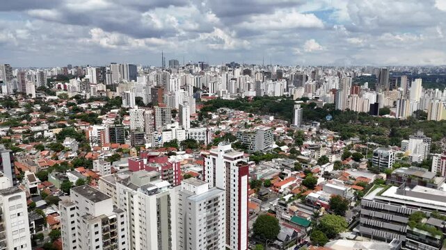 Aerial video above Parque Ibirapuera Sao Paulo on a sunny day
