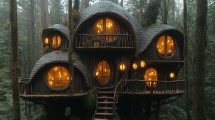 Enchanted Treehouse nestled in a lush, mystical forest at night, glowing with warm interior lights