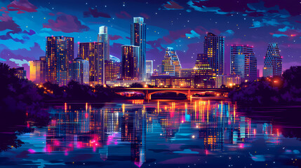 Fototapeta premium Austin skyline at dusk with colorful lights reflecting on the water, austin, texas, skyline, evening, dusk, lights. nightfall. illustration. nightfall. illustration. Nightfall. Illustration