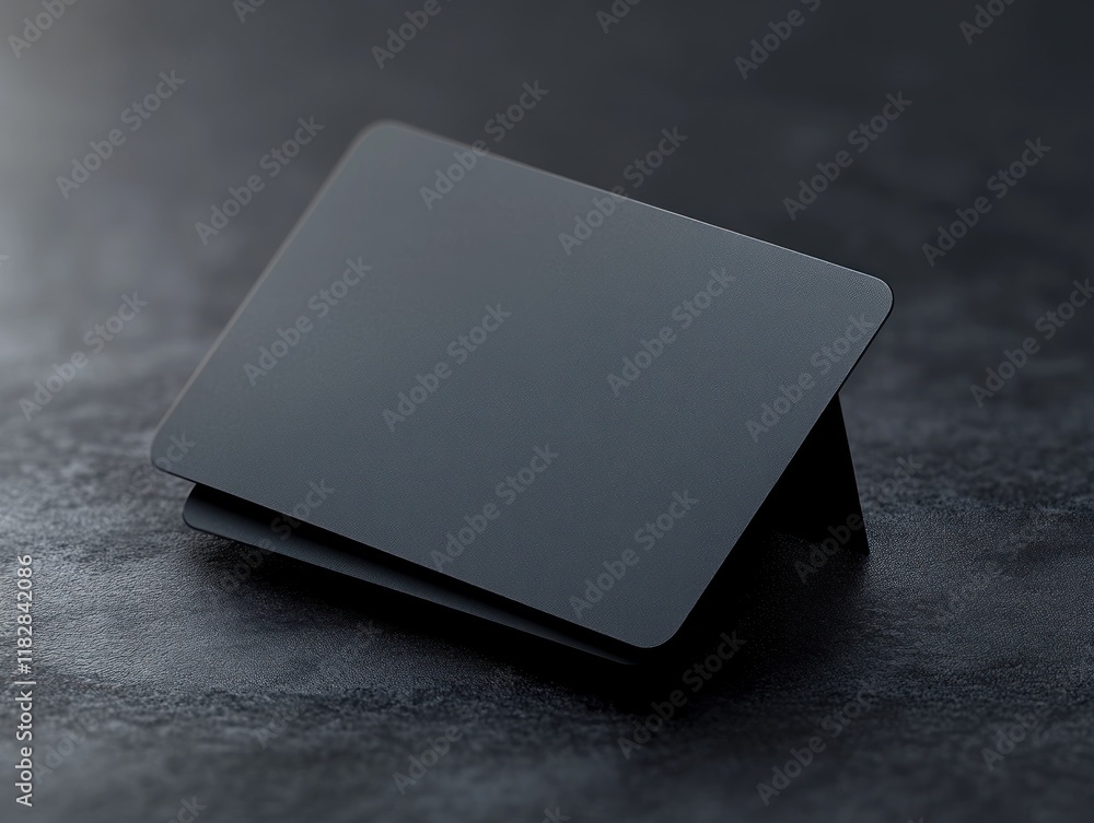 Poster minimalist black card on dark background with soft reflection and shadows in contemporary digital ar