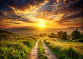 Obraz premium Enchanting Sunset Path: Golden Hour Landscape Photography