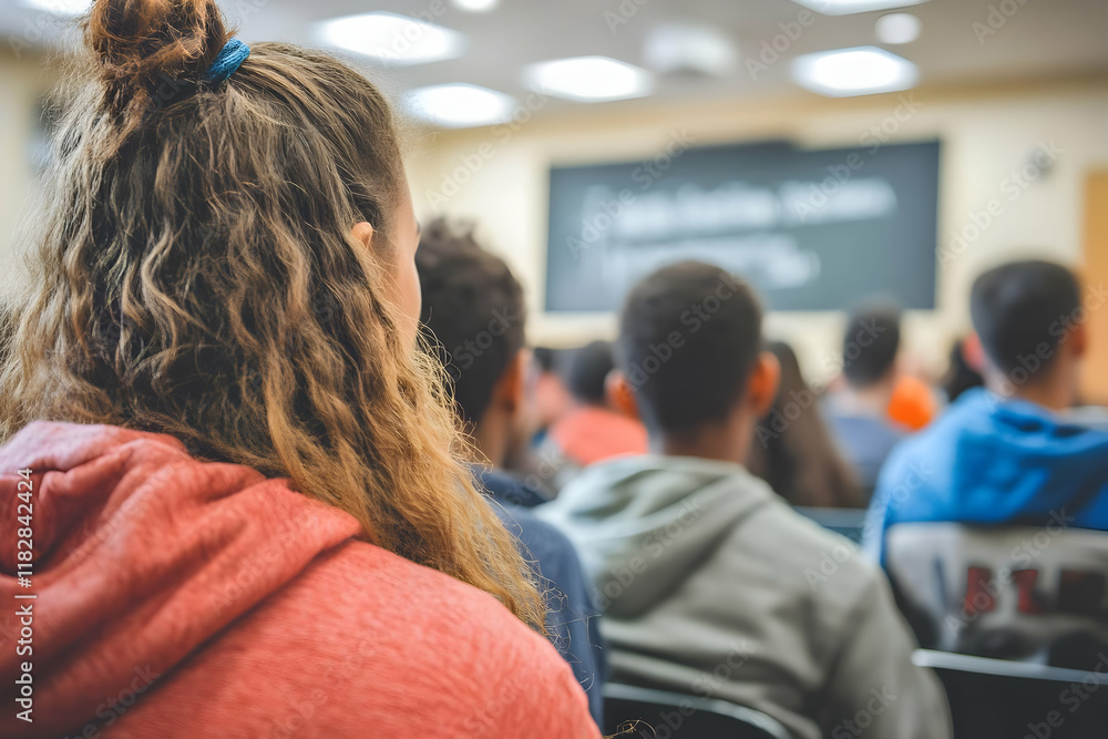 Poster student listens attentively in class, focused on the lesson with other students