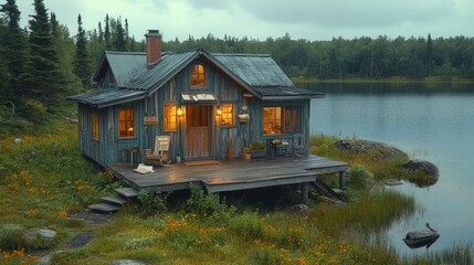 Obraz premium Secluded lakeside cabin nestled amongst lush greenery at sunset, offering a tranquil and peaceful atmosphere