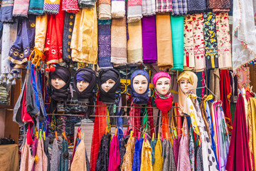 Bohri Kadal, Srinagar, Jammu and Kashmir, India. Headscarves for sale at a market.