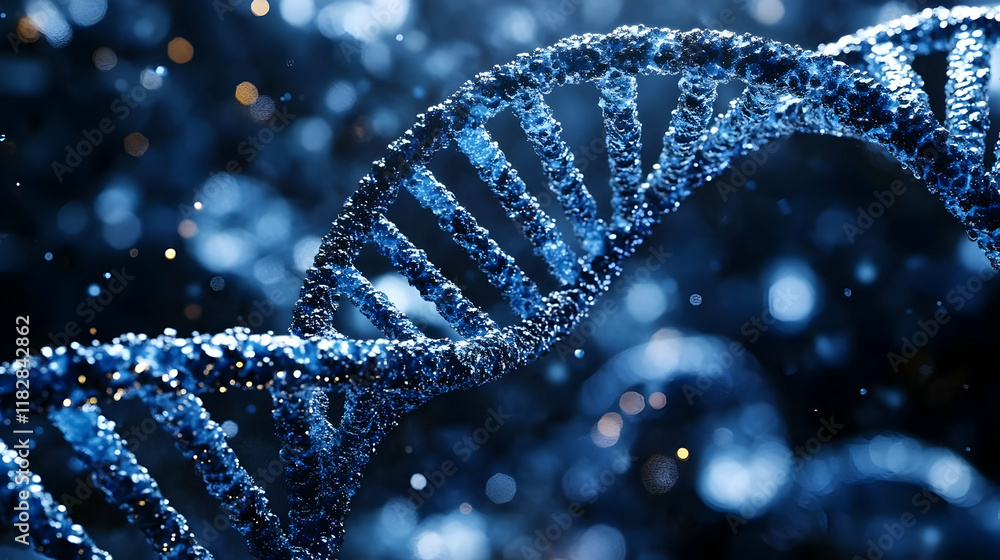 Poster 3d rendered dna strand spirals dynamically in a microscopic environment