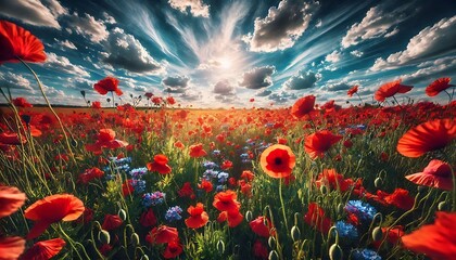 Obraz premium Vibrant field of poppies swaying in the breeze under a bright summer sky with scattered clouds
