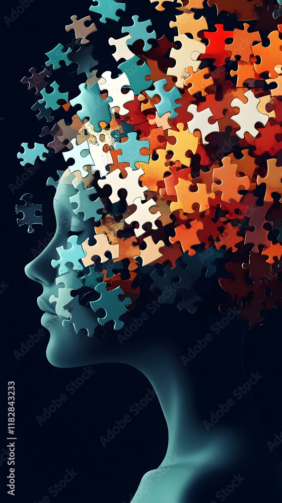 Poster abstract illustration: profile with disintegrating puzzle pieces symbolizing fragmented thoughts