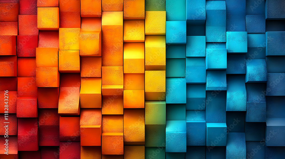 Poster 3d rendered abstract background with colorful cubes forms an intricate textured surface design.