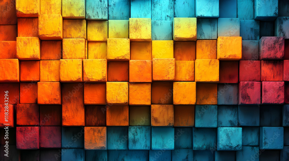Poster Colorful 3D Cubes Form an Abstract Background with a Gradient Effect, Creating a Visual Texture.