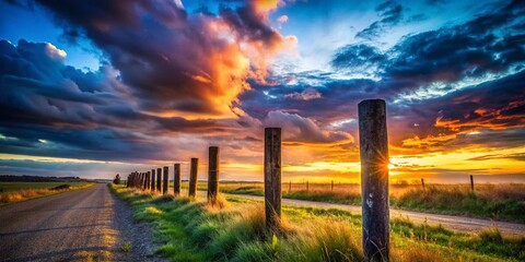 Obraz premium End of the Road: Three Steel Posts Marking a Dramatic Landscape