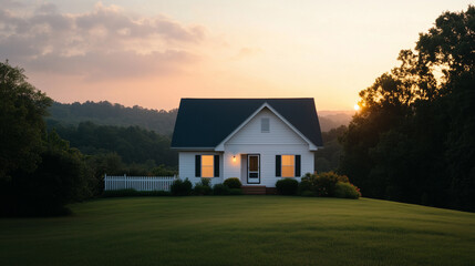 charming white house with dark roof sits on green lawn at sunset, surrounded by trees and hills, creating peaceful atmosphere.