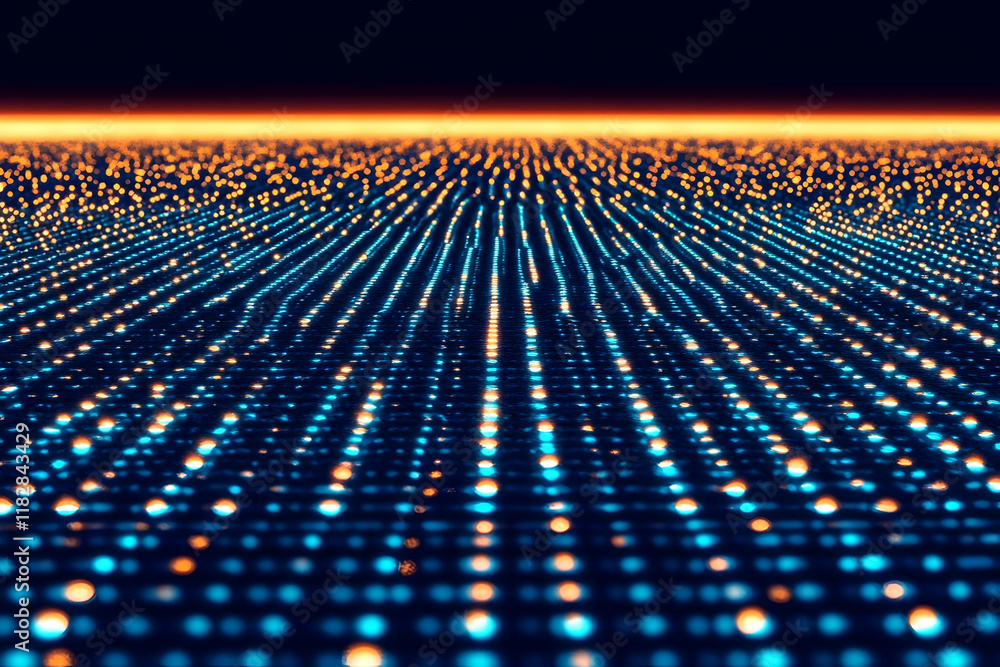 Poster abstract background with glowing dots forms a perspective grid with orange horizon