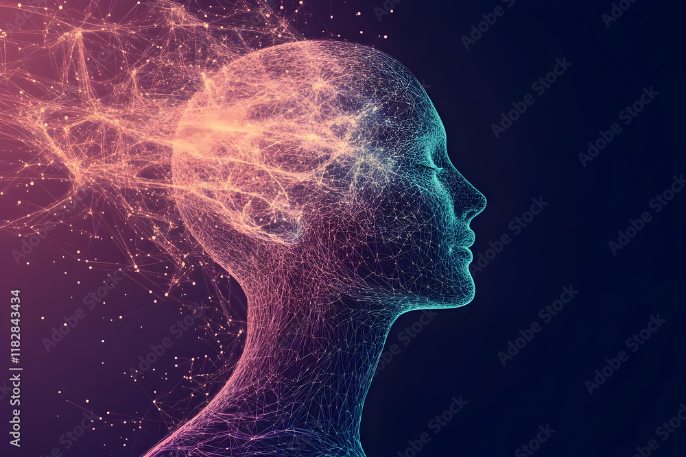 Poster abstract 3d wireframe head with glowing particles emanating, side view on dark background