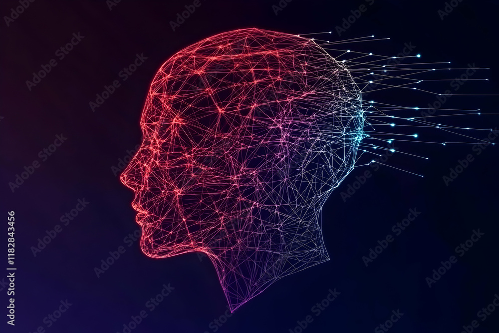 Poster abstract wireframe head with glowing lines connects futuristically on a dark background