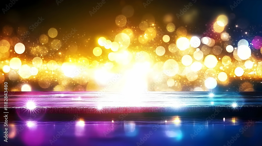 Poster empty wooden table top with colorful bokeh background reflects on water surface