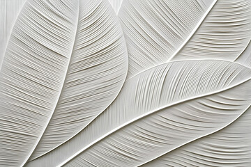White Plaster Relief Wall Decor Displays Overlapping Leaves with Fine Lines and Elegant Texture