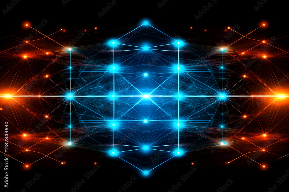Poster abstract blue and orange interconnected nodes form symmetrical pattern on dark background