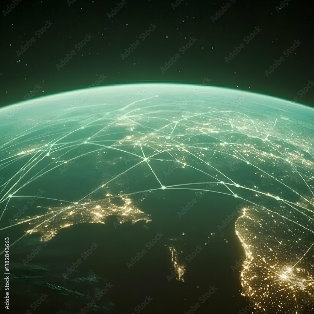 Poster planet earth with network connections shows global communication and data exchange