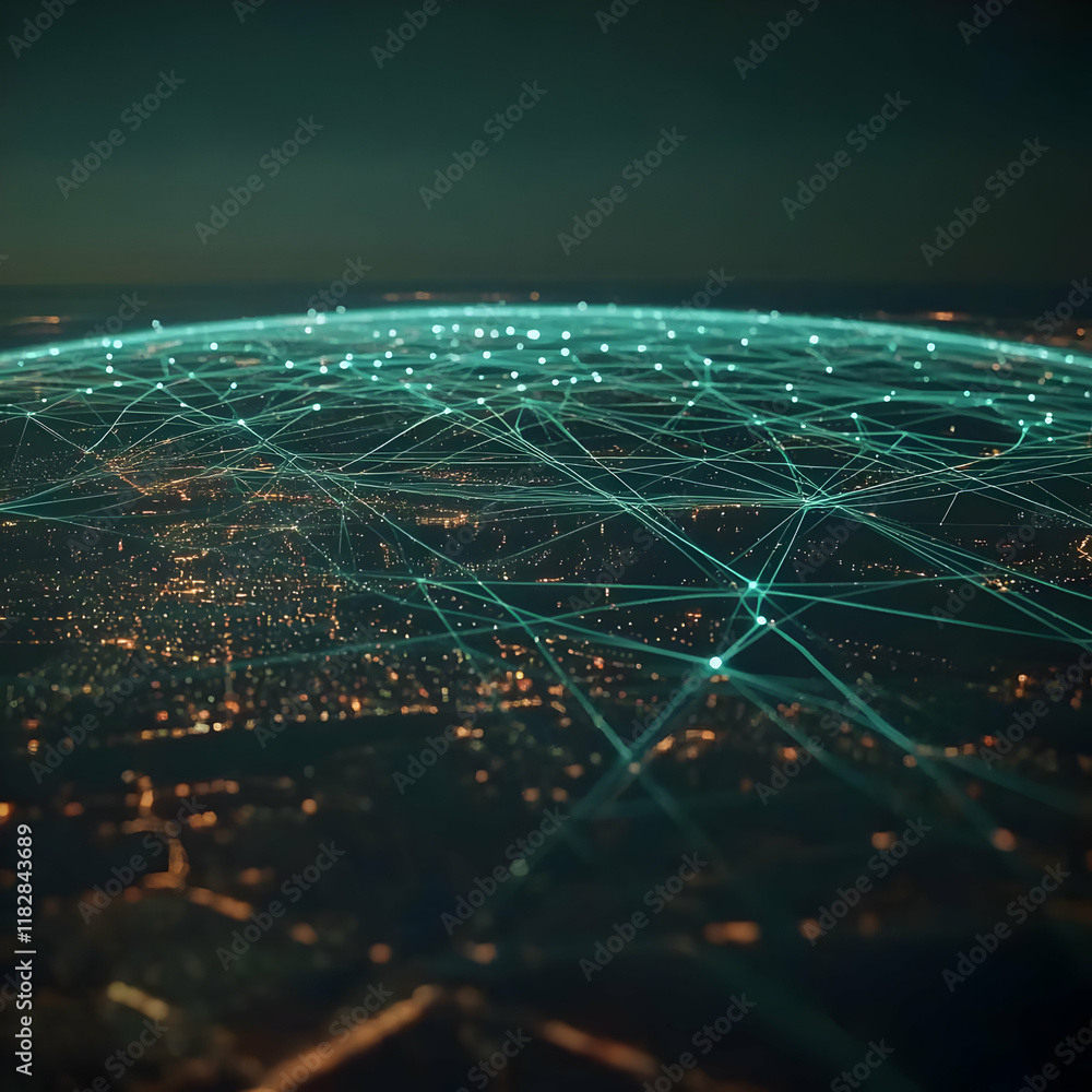 Aufkleber global network connecting cities with lines and nodes abstractly illustrates communication
