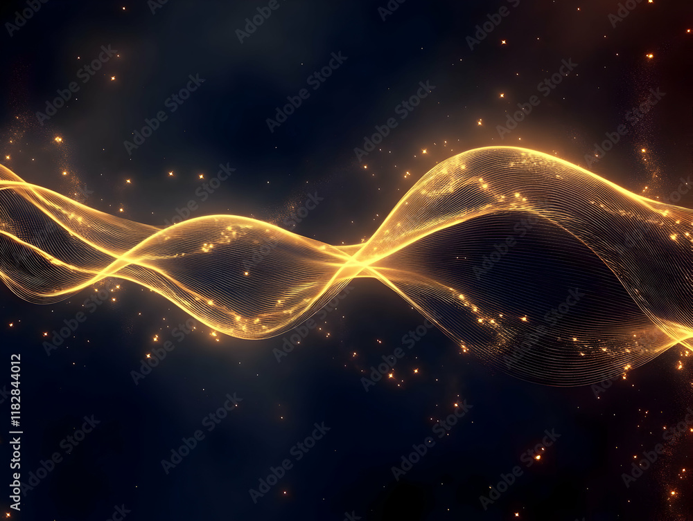 Poster abstract golden wave flows smoothly across a dark background with sparkling particles