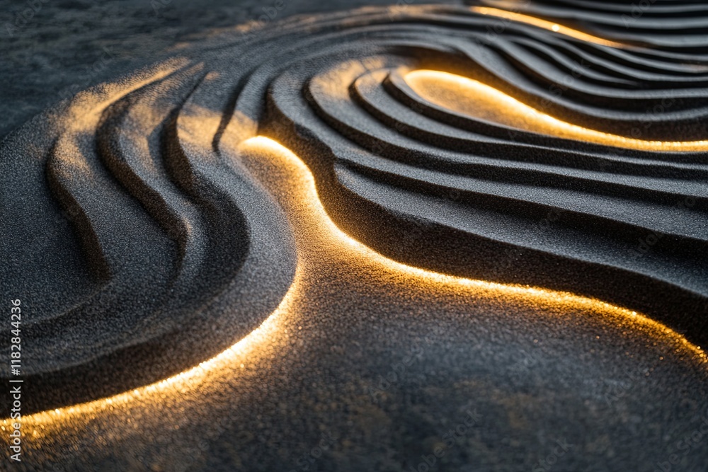 Poster textured patterns of sand with glowing lights create a mesmerizing visual effect in a tranquil setti