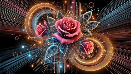 Fototapeta premium Abstract digital composition of roses with glowing neon outlines and futuristic 3D textures