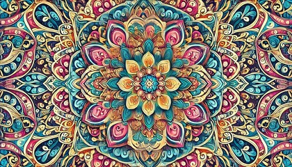 Intricate mandala design featuring symmetrical floral patterns in vibrant rainbow colors