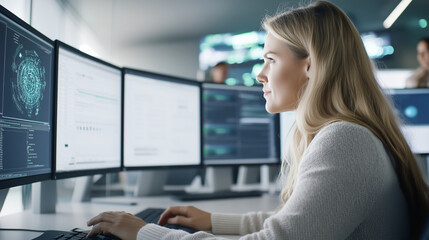 Caucasian female adult analyzing data on multiple computer screens in office