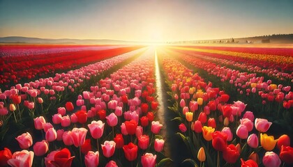 Fototapeta premium Field of tulips in red, pink, and yellow tones stretching toward a bright, cloudless horizon