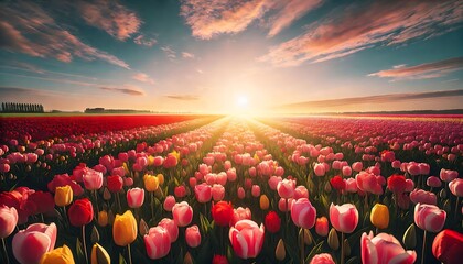 Field of tulips in red, pink, and yellow tones stretching toward a bright, cloudless horizon
