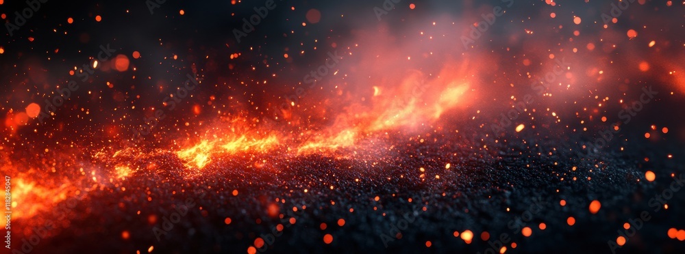 Poster fiery abstract background of glowing lava and ash with sparks and particles creating a dynamic and i