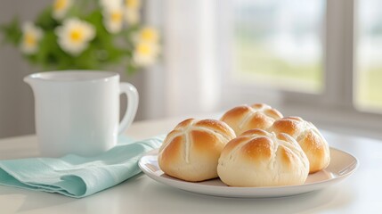 Delicious freshly baked hot cross buns for easter brunch and morning tea decor
